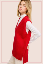 Red Oversized Soft Knit Sweater Vest with Side Slit-Sweater Vest-La Miel-Stuffology - Where Vintage Meets Modern, A Boutique for Real Women in Crosbyton, TX