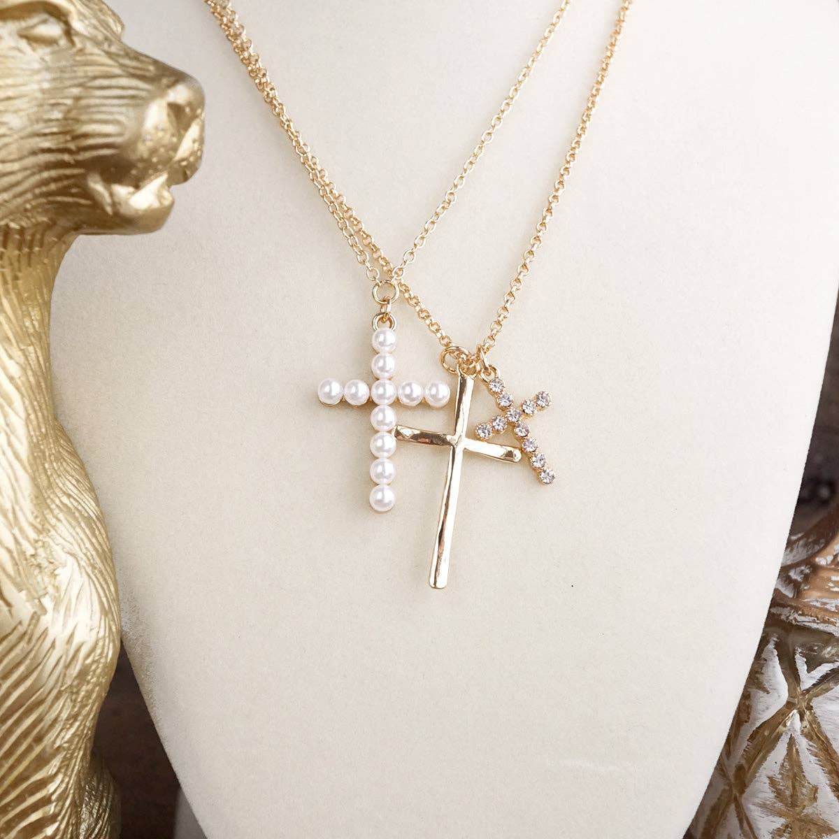Sacred Layers – Multi Cross Pendant Necklace in Gold Tone-Jewelry-PennyLine inc-Stuffology - Where Vintage Meets Modern, A Boutique for Real Women in Crosbyton, TX