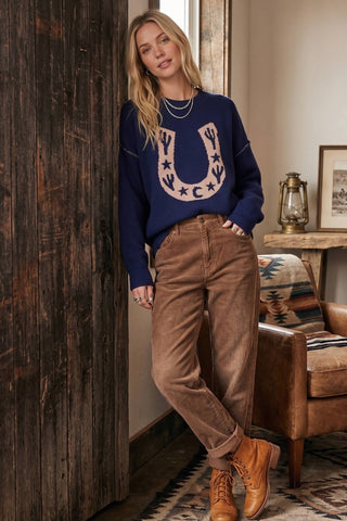 Western Horseshoe Cactus Knit Sweater-Sweaters-Sewn and Seen-Stuffology - Where Vintage Meets Modern, A Boutique for Real Women in Crosbyton, TX