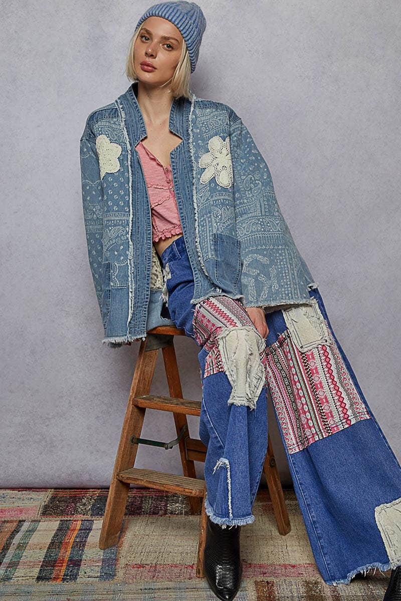 POL Clothing - Paisley pattern patch detail quilted woven twill jacket-Denim Jacket-Pol Clothing-Stuffology - Where Vintage Meets Modern, A Boutique for Real Women in Crosbyton, TX