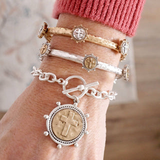 Cross Coin Bangle in Worn Silver or Gold Tone-Bracelets-PennyLine inc-Stuffology - Where Vintage Meets Modern, A Boutique for Real Women in Crosbyton, TX
