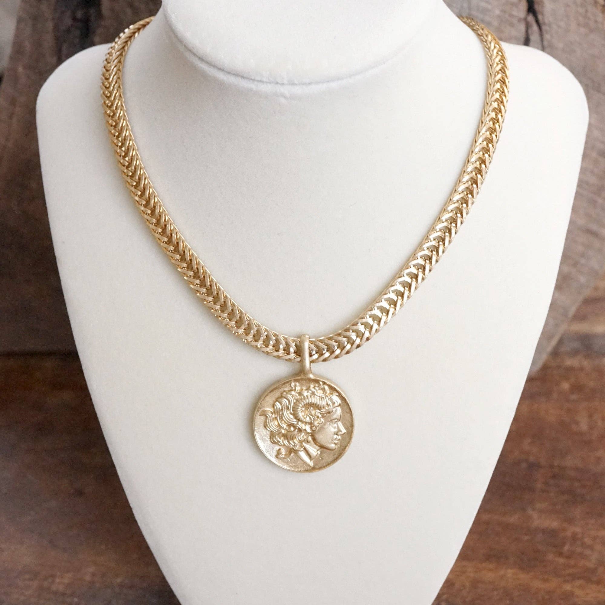 Coin Statement Chain Necklace in Worn Gold Tone-Necklaces-PennyLine inc-Stuffology - Where Vintage Meets Modern, A Boutique for Real Women in Crosbyton, TX