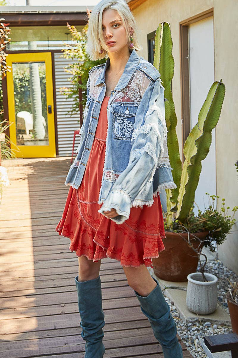 Lace Trim and Panel Collared Button Down Denim Jacket /Stuffology Boutique-Jackets-Pol Clothing-Stuffology - Where Vintage Meets Modern, A Boutique for Real Women in Crosbyton, TX