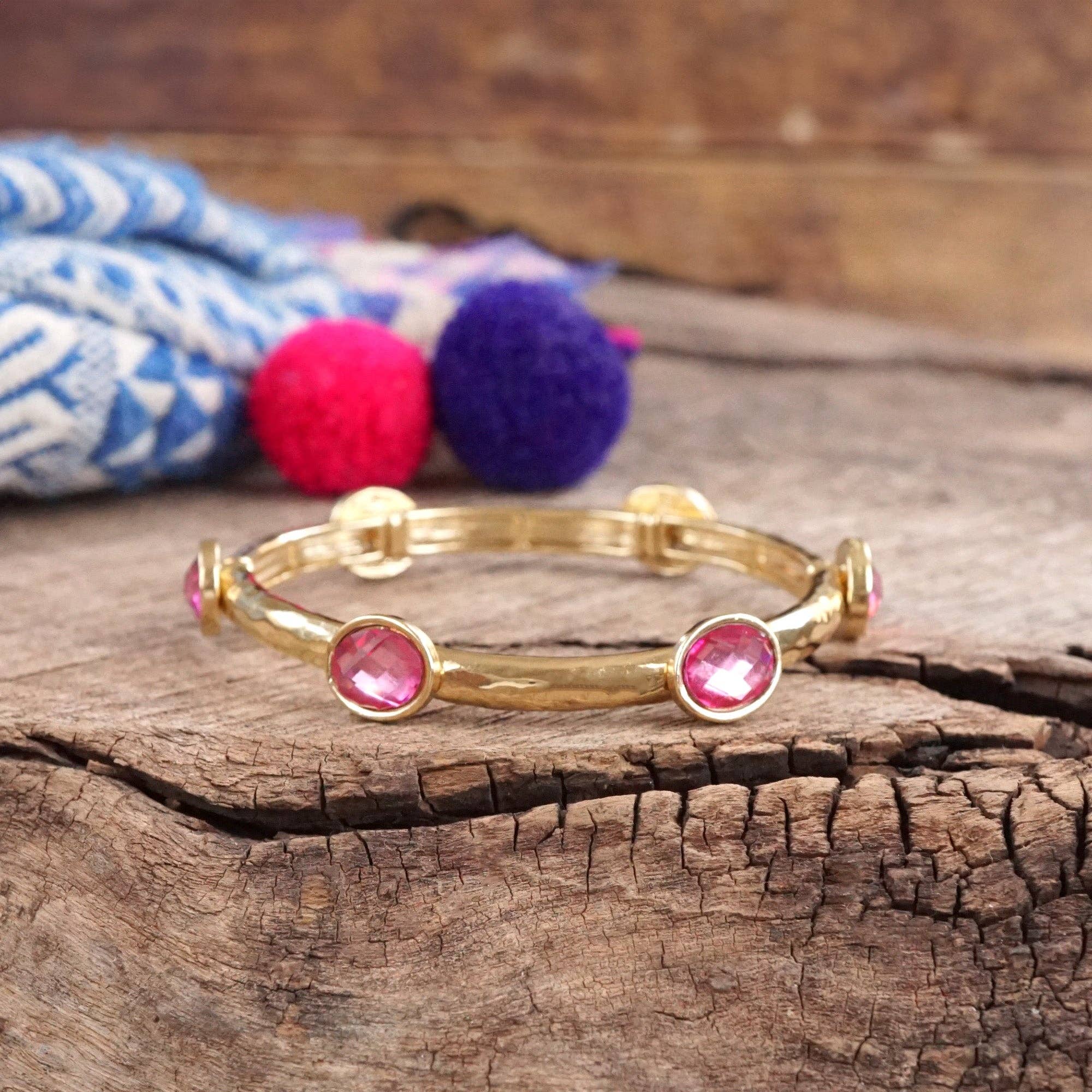 Jeweled Golden Bangle - with Faceted glass oval colorful jewels-Bracelets-PennyLine inc-Stuffology - Where Vintage Meets Modern, A Boutique for Real Women in Crosbyton, TX
