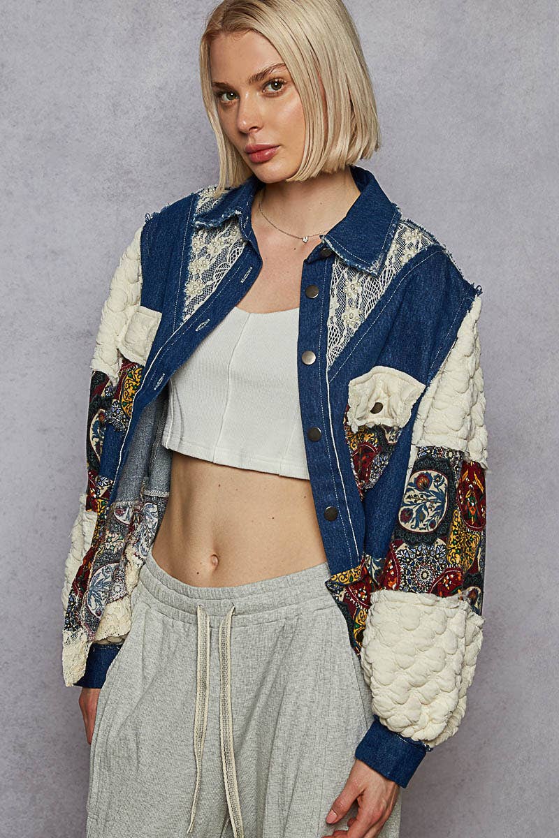 POL Clothing - Denim Patchwork Jacket-Denim Jacket-Pol Clothing-Stuffology - Where Vintage Meets Modern, A Boutique for Real Women in Crosbyton, TX