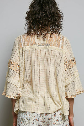 Lace Panel Detail Floral Ruffle 3/4 Sleeve Rib Knit Top-Pol Clothing-Stuffology - Where Vintage Meets Modern, A Boutique for Real Women in Crosbyton, TX