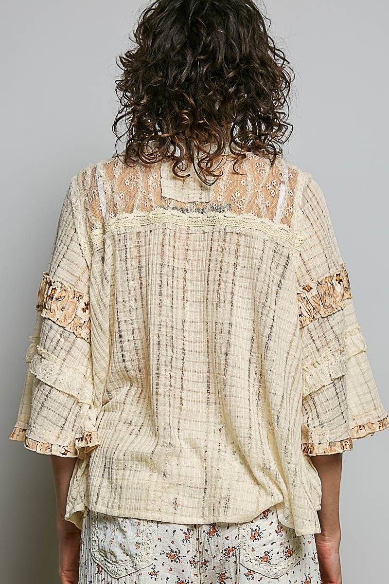 Lace Panel Detail Floral Ruffle 3/4 Sleeve Rib Knit Top-Pol Clothing-Stuffology - Where Vintage Meets Modern, A Boutique for Real Women in Crosbyton, TX