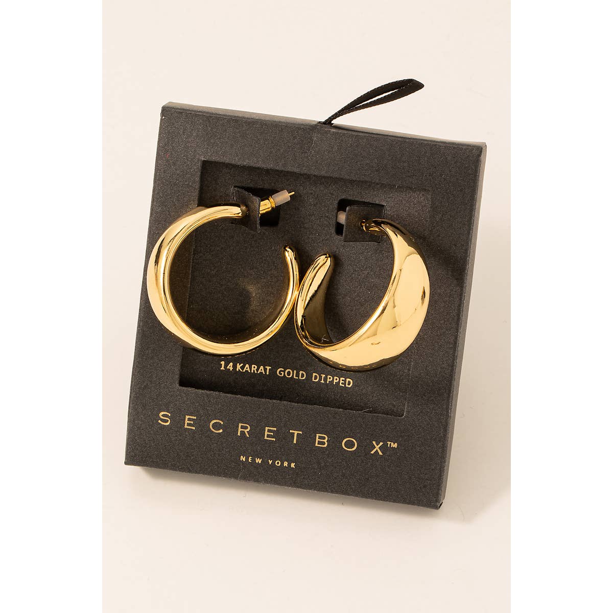 Secret Box Gold Dipped Wide Beveled Hoop Earrings-Earrings-Fame Accessories-Stuffology - Where Vintage Meets Modern, A Boutique for Real Women in Crosbyton, TX