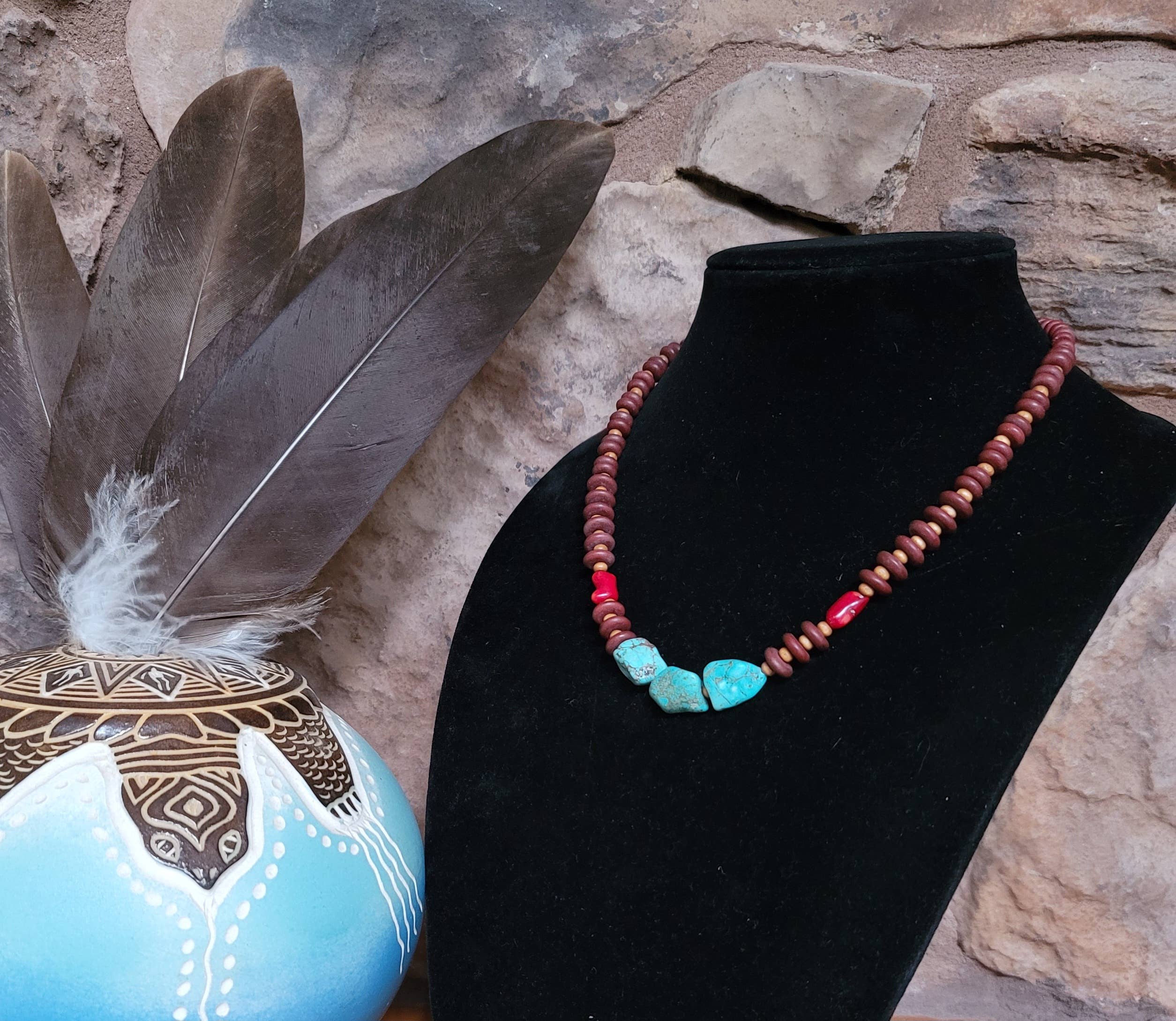 Turquoise, Coral Necklace, wood beads Native American made-Horse Spirit Studio-Stuffology - Where Vintage Meets Modern, A Boutique for Real Women in Crosbyton, TX
