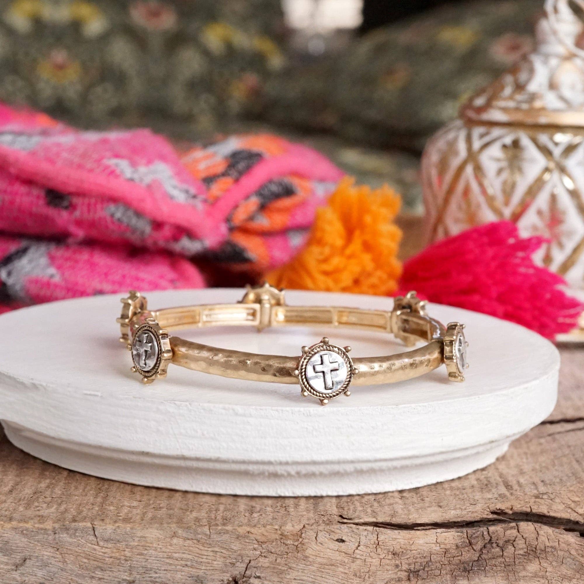 Cross Coin Bangle in Worn Silver or Gold Tone-Bracelets-PennyLine inc-Stuffology - Where Vintage Meets Modern, A Boutique for Real Women in Crosbyton, TX