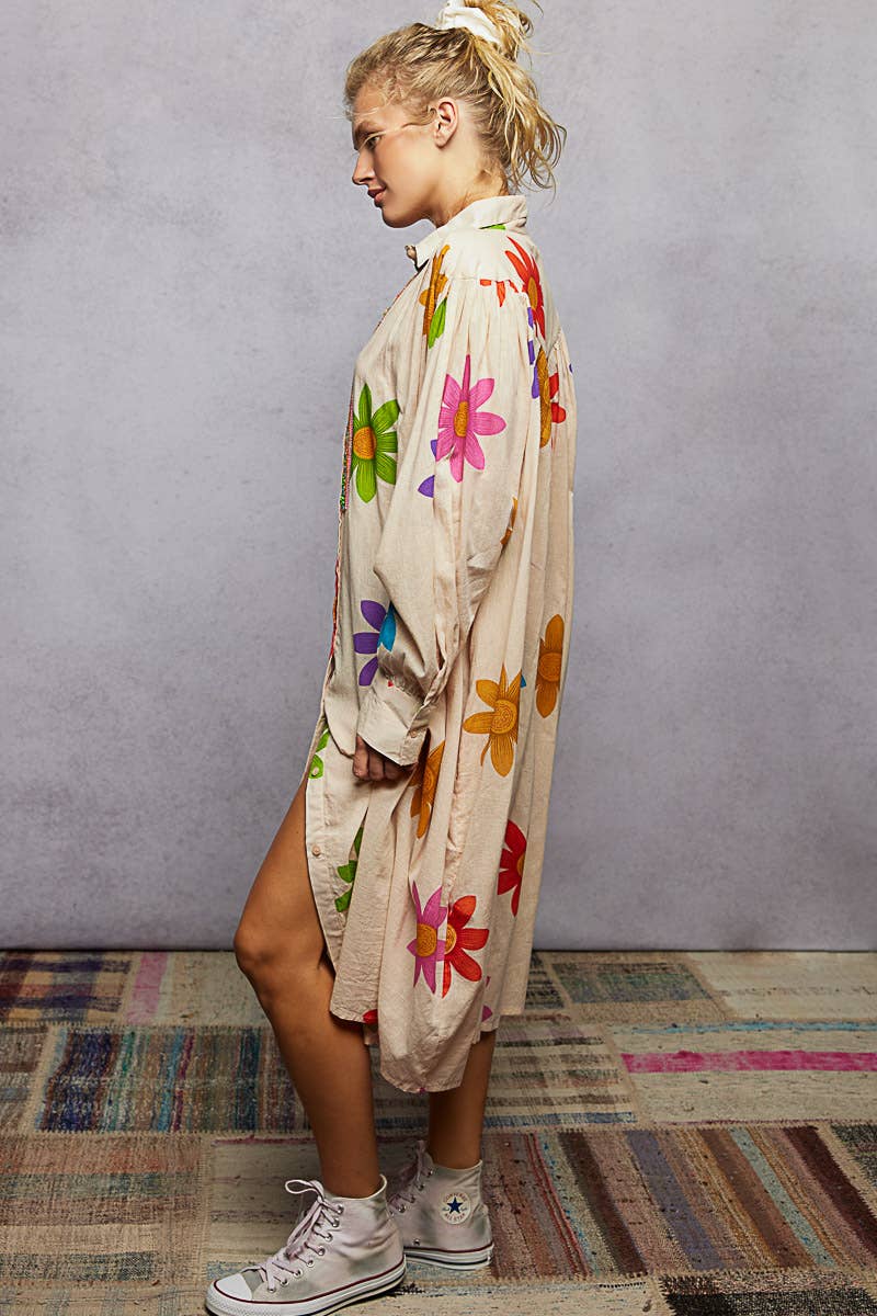 Long Sleeve Shirred Shoulder Beads Floral Print Shirt Dress-Dresses-Pol Clothing-Stuffology - Where Vintage Meets Modern, A Boutique for Real Women in Crosbyton, TX