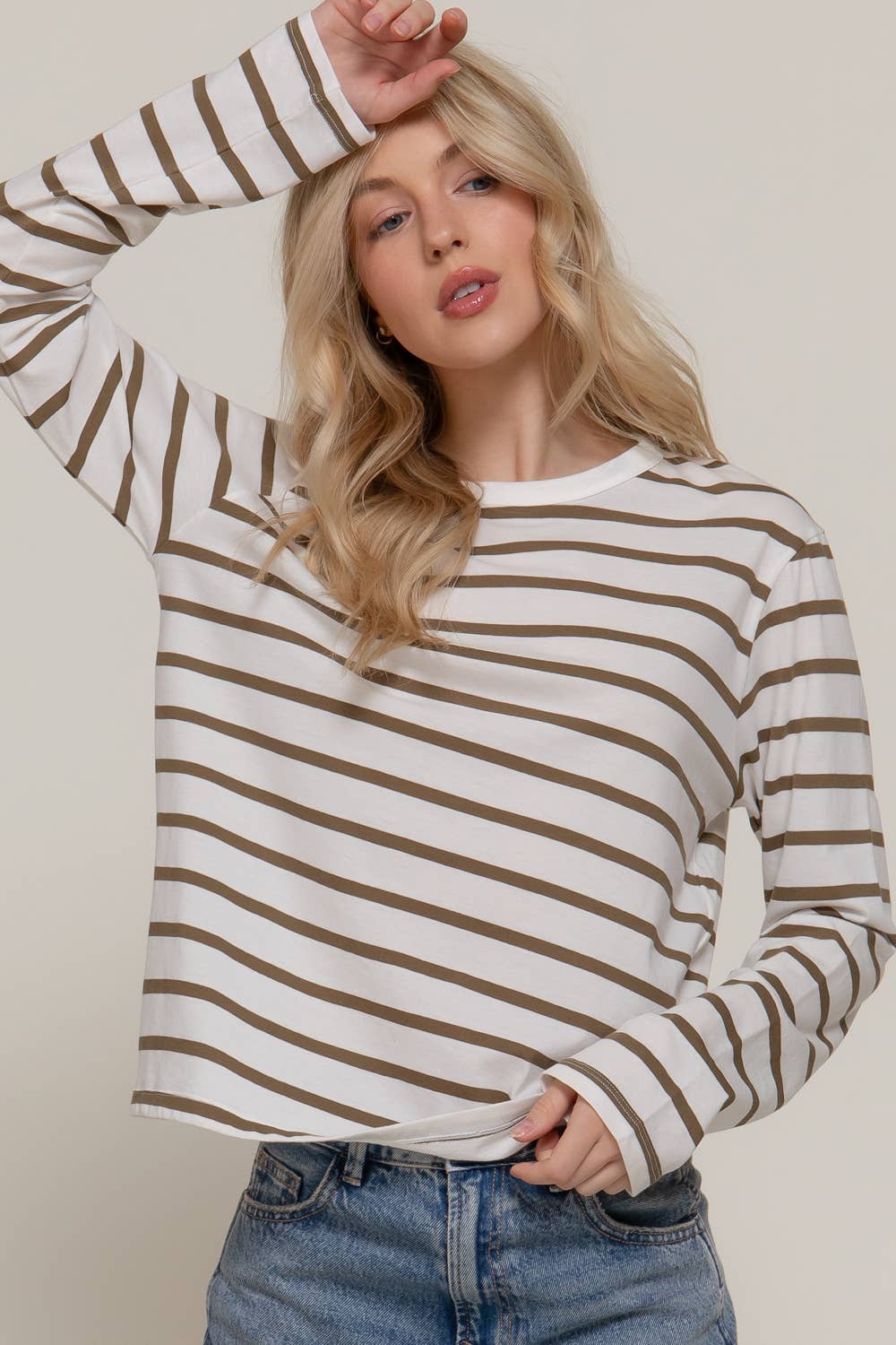 Ivory/Khaki Long Sleeve Round Neck Y/D Stripe Tee-Pullover Top-Stuffology Boutique-Stuffology - Where Vintage Meets Modern, A Boutique for Real Women in Crosbyton, TX