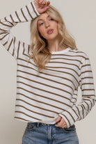 Ivory/Khaki Long Sleeve Round Neck Y/D Stripe Tee-Pullover Top-Stuffology Boutique-Stuffology - Where Vintage Meets Modern, A Boutique for Real Women in Crosbyton, TX