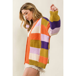 MULTI COLOR CHECKER BLOCK SWEATER CARDIGAN