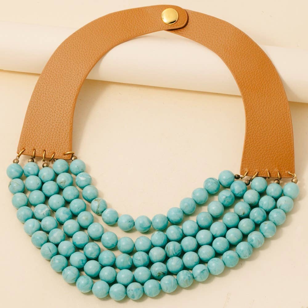 Turquoise Beads And Leather Statement Necklace-Necklaces-Anarchy Street-Stuffology - Where Vintage Meets Modern, A Boutique for Real Women in Crosbyton, TX