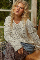 Round neck open knitted crochet solid sweater-Sweaters-Pol Clothing-Stuffology - Where Vintage Meets Modern, A Boutique for Real Women in Crosbyton, TX