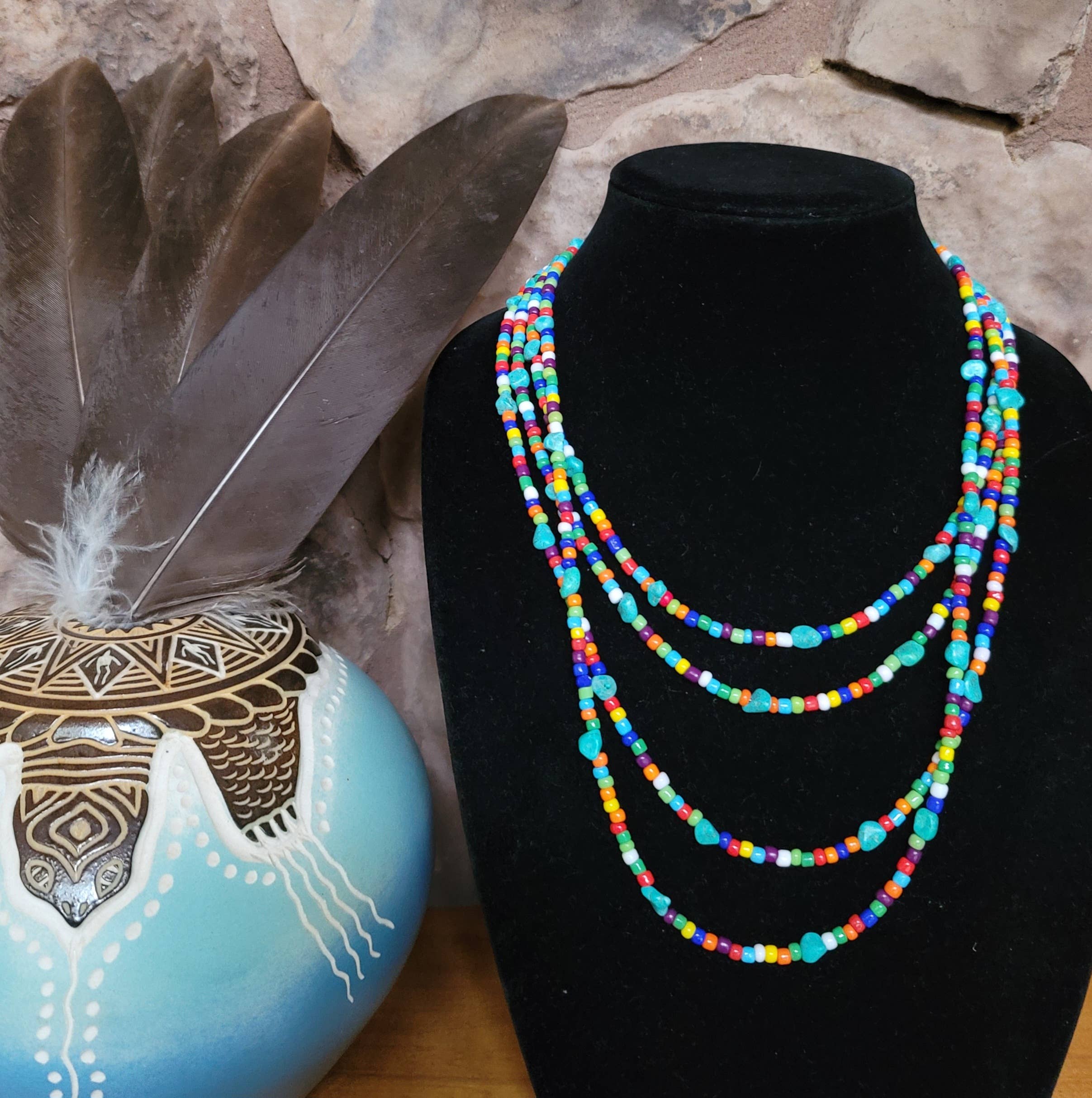 Native American made Turquoise, glass bead necklace-Horse Spirit Studio-Stuffology - Where Vintage Meets Modern, A Boutique for Real Women in Crosbyton, TX