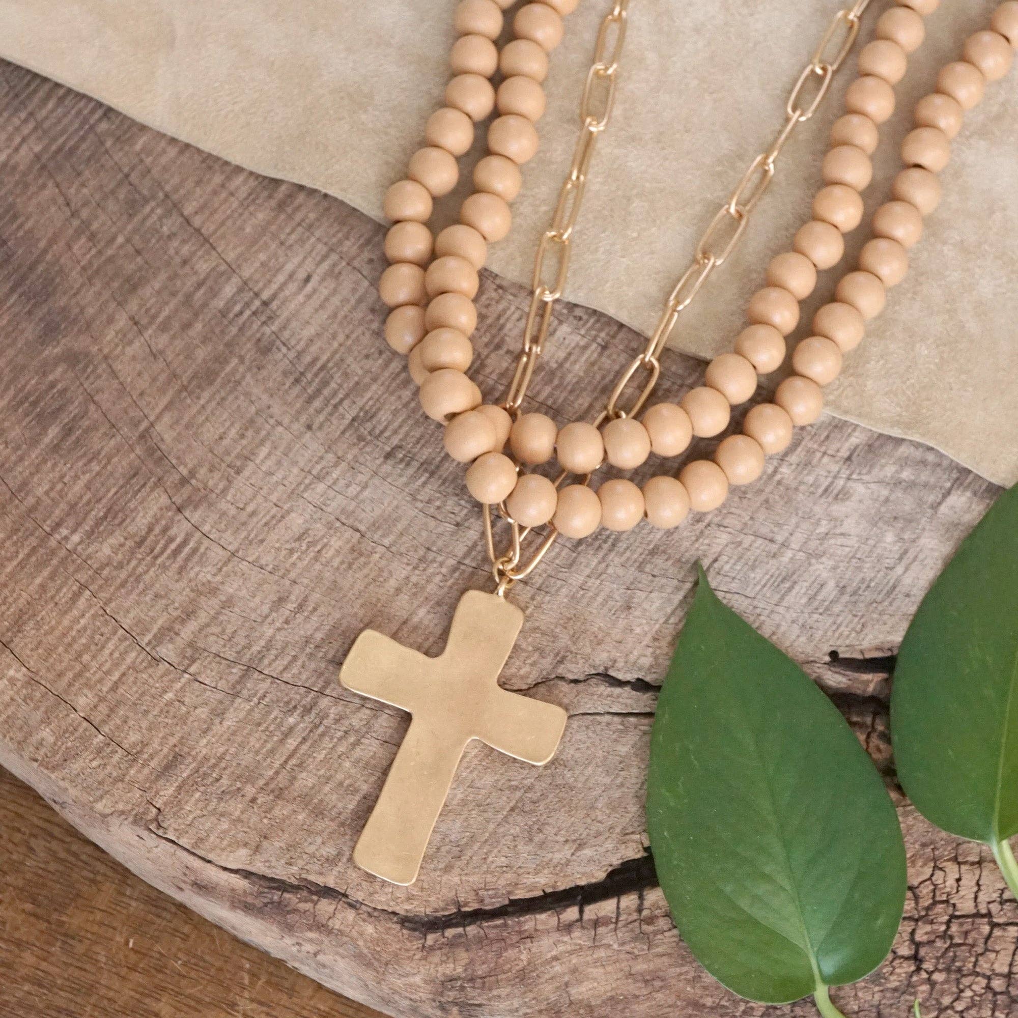 Multi Strand Wood Beads Short Statement Cross Necklace Natural Light Brown-Necklaces-PennyLine inc-Stuffology - Where Vintage Meets Modern, A Boutique for Real Women in Crosbyton, TX