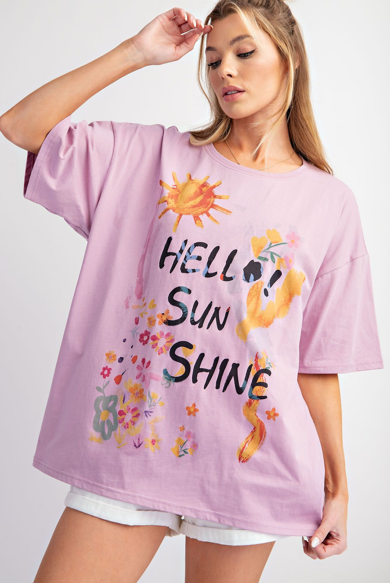 LAVENDER HELLO SUNSHINE COTTON RAYON KNIT TOP | STUFFOLOGY BOUTIQUE-Graphic Tees-EASEL-Stuffology - Where Vintage Meets Modern, A Boutique for Real Women in Crosbyton, TX