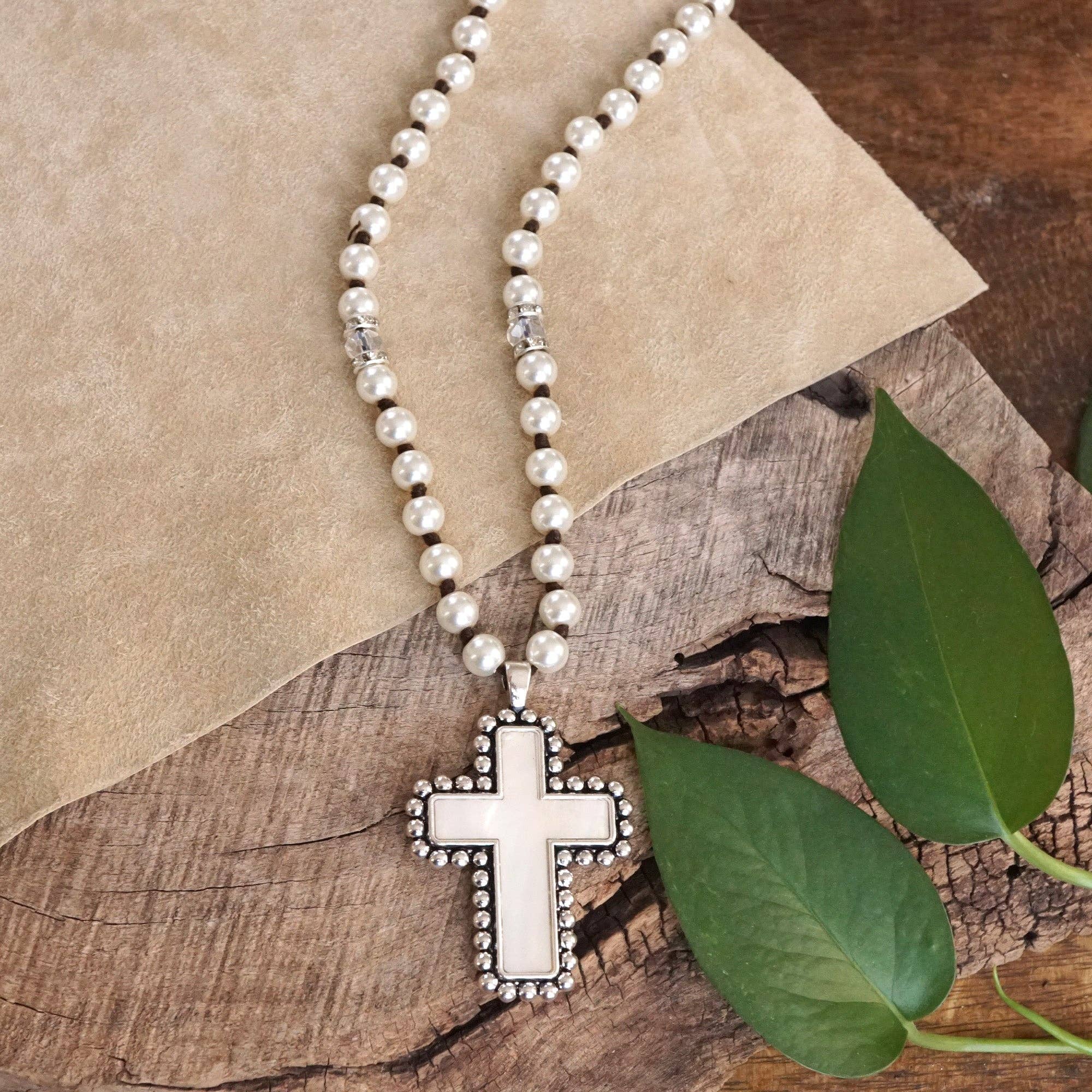 Pearlized beads Necklace with Cross and Clover pendant Mother of Pearl Abalone-PennyLine inc-Stuffology - Where Vintage Meets Modern, A Boutique for Real Women in Crosbyton, TX