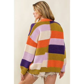 MULTI COLOR CHECKER BLOCK SWEATER CARDIGAN