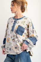 Easel Denim Mix Floral Top-Tops-Easel-Stuffology - Where Vintage Meets Modern, A Boutique for Real Women in Crosbyton, TX