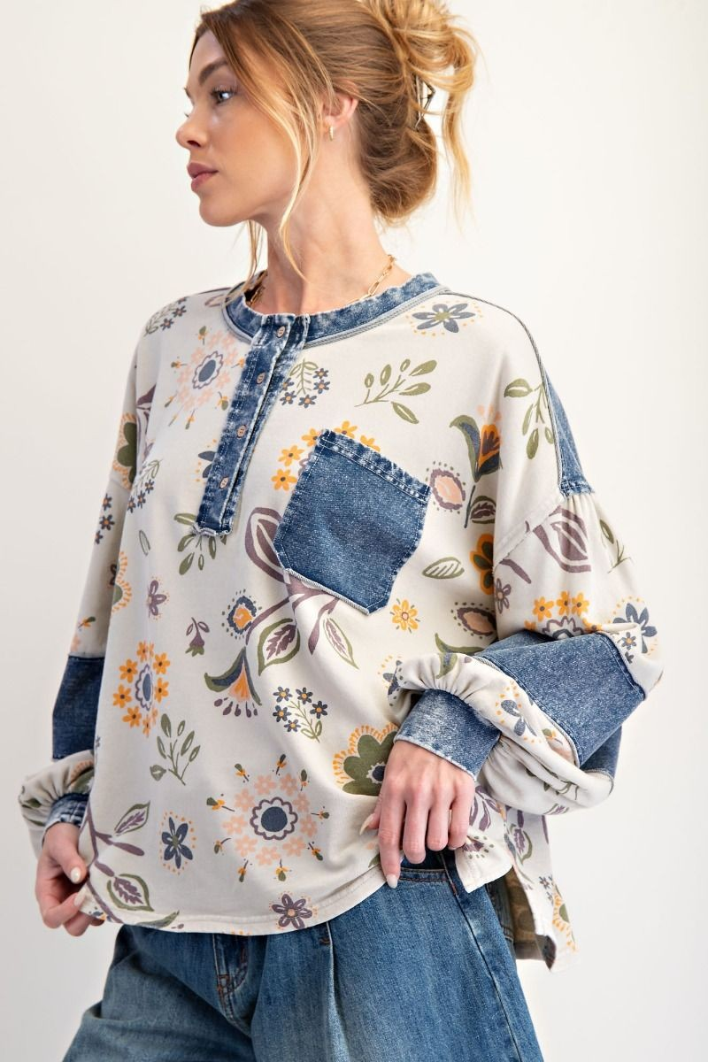 Easel Denim Mix Floral Top-Tops-Easel-Stuffology - Where Vintage Meets Modern, A Boutique for Real Women in Crosbyton, TX
