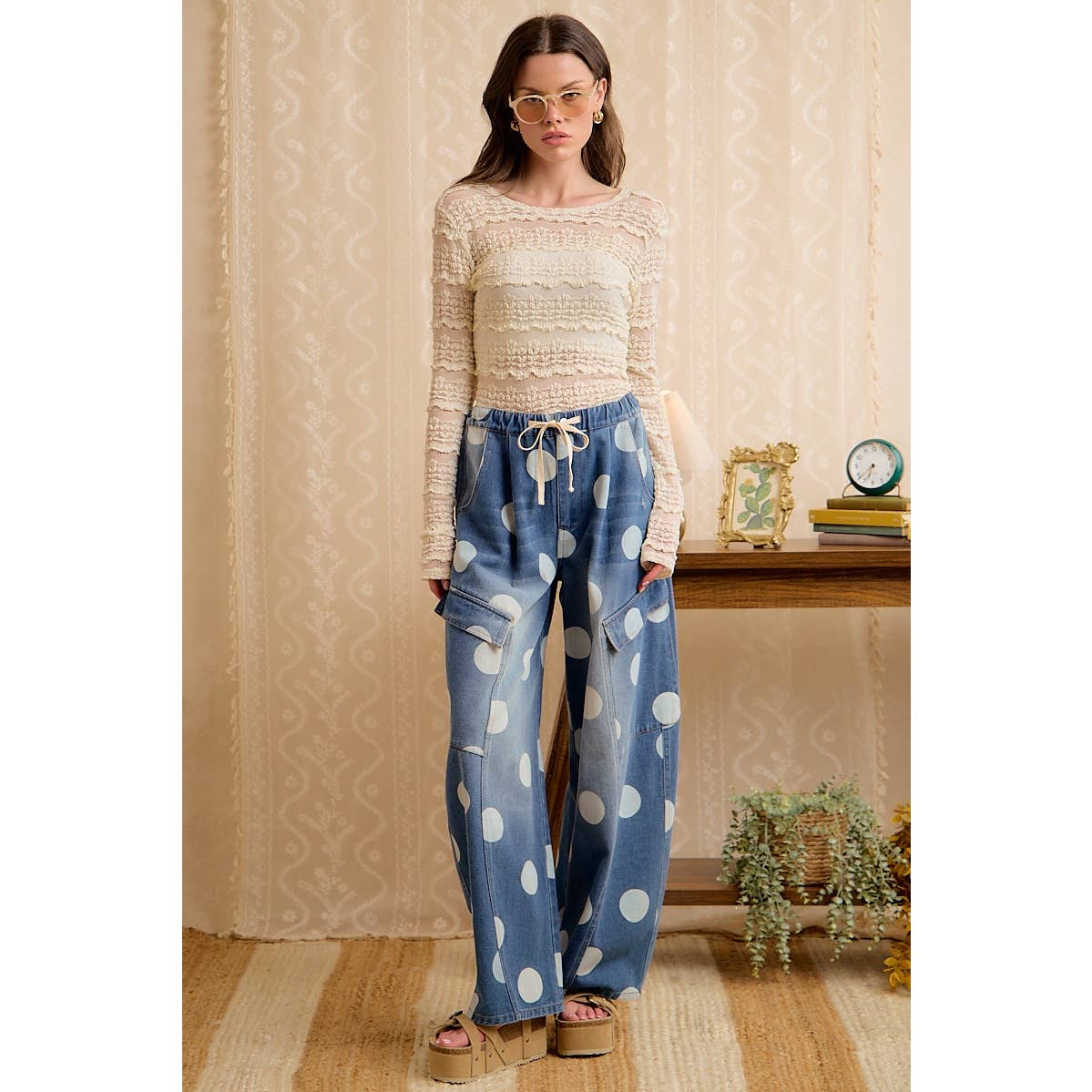 WASHED POLKA DOT DENIM BARREL PANTS WITH CARGO POCKETS-BiBi-Stuffology - Where Vintage Meets Modern, A Boutique for Real Women in Crosbyton, TX