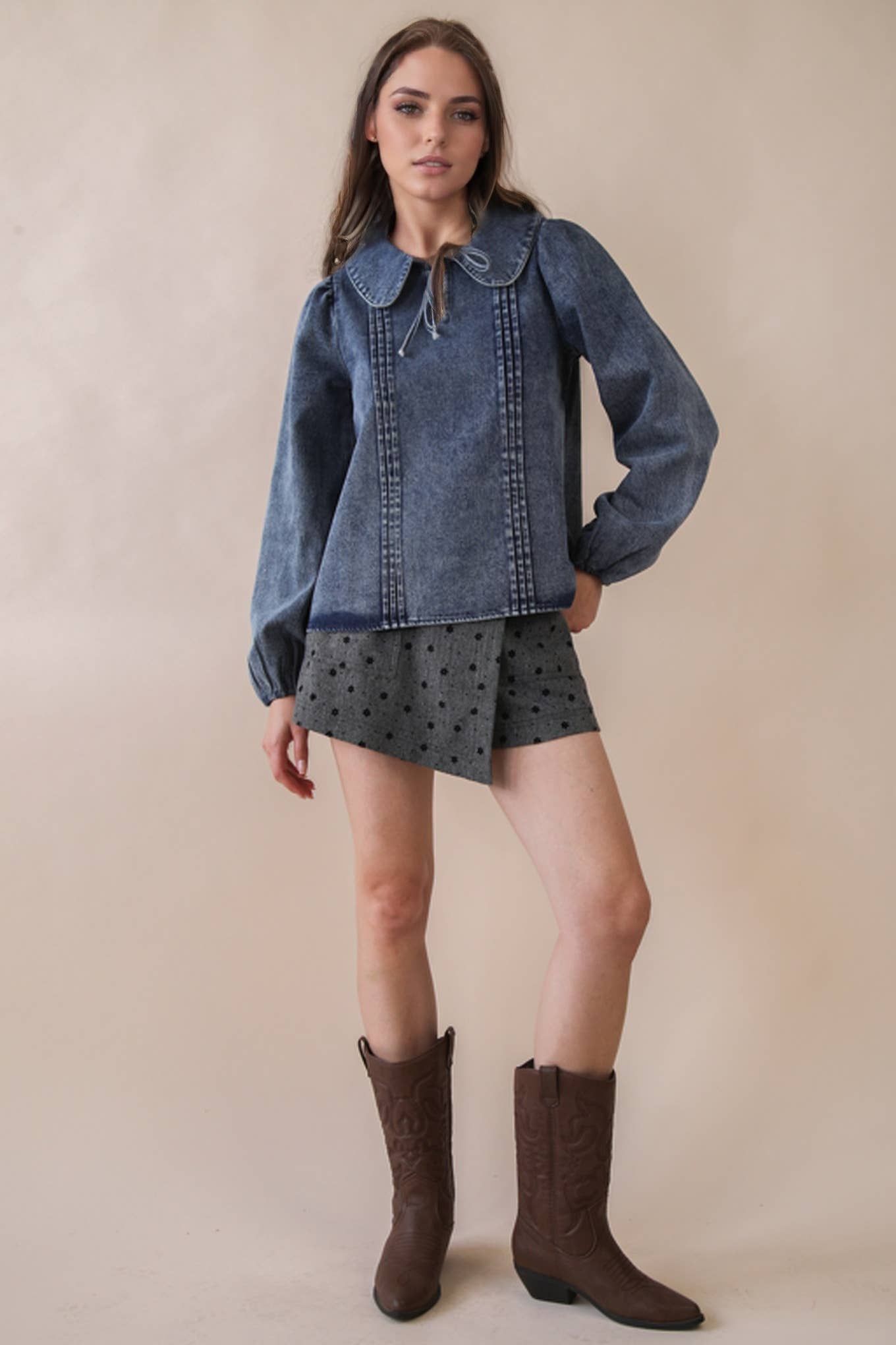 Mineral Washed Chambray Denim Blouse Top-Top-VERY J-Stuffology - Where Vintage Meets Modern, A Boutique for Real Women in Crosbyton, TX