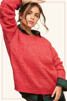 MCS3564-Loose Fit Windowpane Patterned Two Tone Sweater-La Miel-Stuffology - Where Vintage Meets Modern, A Boutique for Real Women in Crosbyton, TX