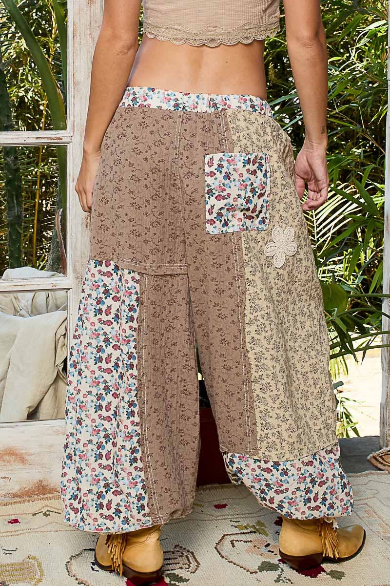 Crochet patch detail contrast patchwork printed woven pants-Pants-Pol Clothing-Stuffology - Where Vintage Meets Modern, A Boutique for Real Women in Crosbyton, TX