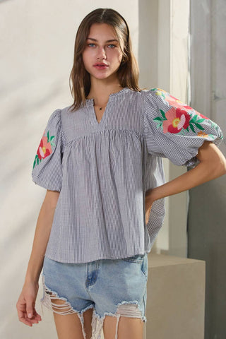 Navy Yarn Dye Striped Fabric Top-Blouse-Oddi-Stuffology - Where Vintage Meets Modern, A Boutique for Real Women in Crosbyton, TX