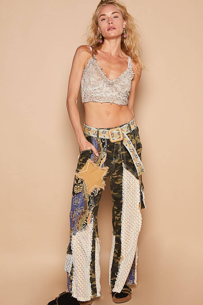 Printed Patchwork Star Detail Woven Twill Pants Jeans /Stuffology Boutique-Jeans-Pol Clothing-Stuffology - Where Vintage Meets Modern, A Boutique for Real Women in Crosbyton, TX