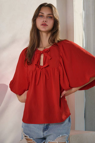 3/4 Sleeve Front Tie Ribbon Top-Tops-Oddi-Stuffology - Where Vintage Meets Modern, A Boutique for Real Women in Crosbyton, TX