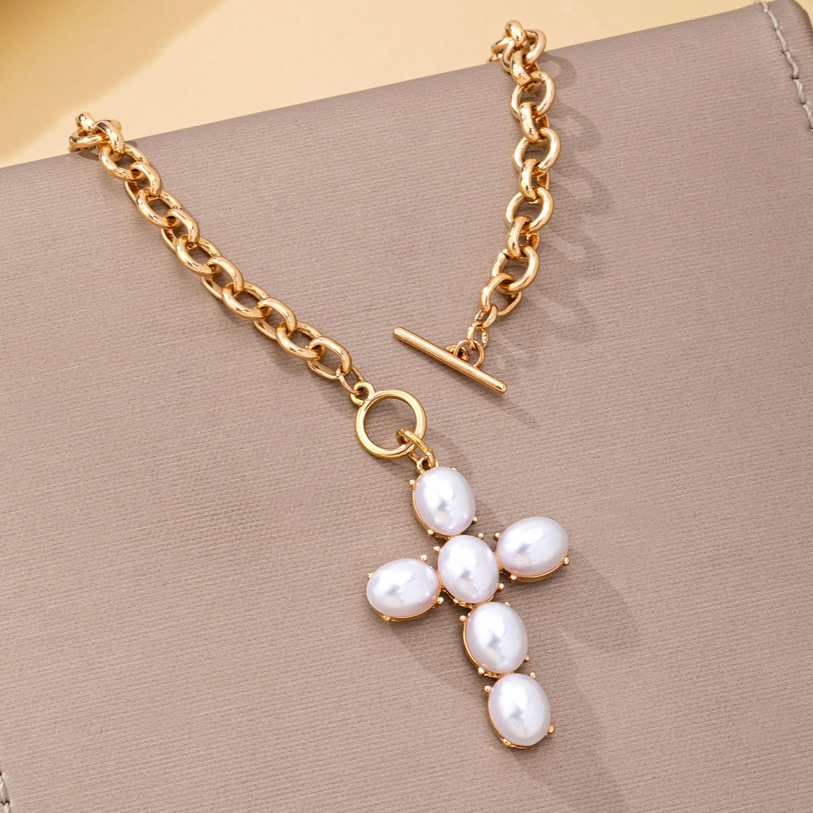 Large Pearl Cross Toggle Necklace | 80N93068-JOSSLYN by wall to wall-Stuffology - Where Vintage Meets Modern, A Boutique for Real Women in Crosbyton, TX