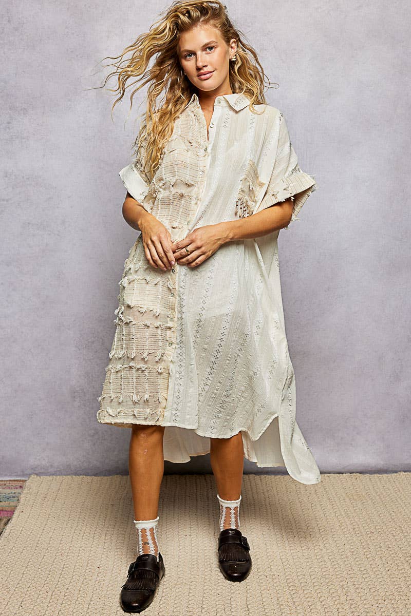 Dangle Trim Textured Cotton Oversized Long Shirt Dress-Dresses-Pol Clothing-Stuffology - Where Vintage Meets Modern, A Boutique for Real Women in Crosbyton, TX