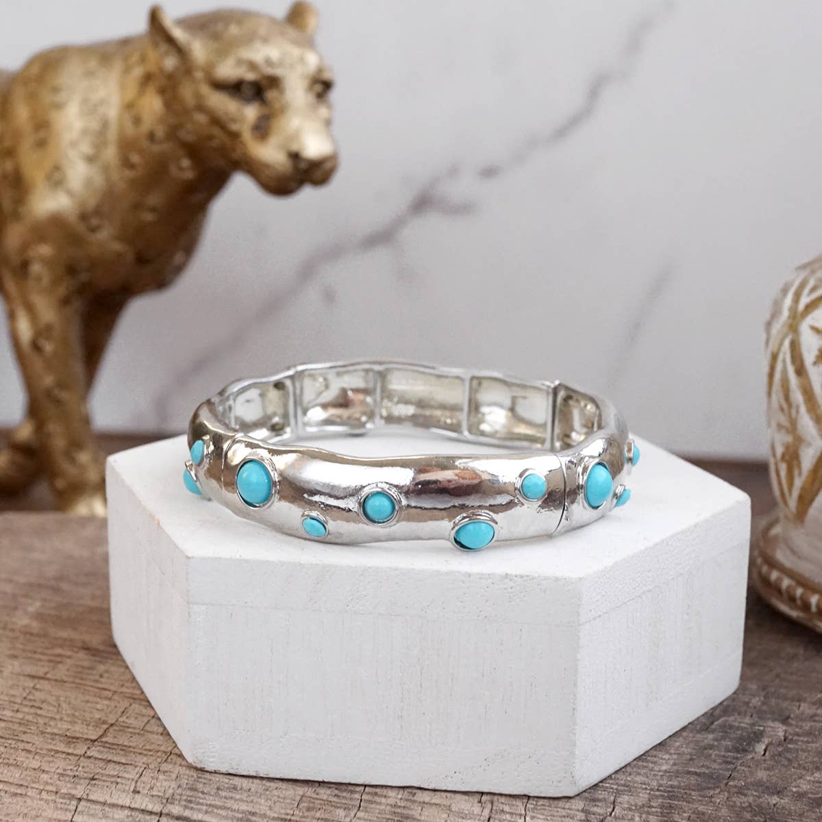 Desert Dew – Turquoise Cabochon Stretch Bangle-Bracelets-PennyLine inc-Stuffology - Where Vintage Meets Modern, A Boutique for Real Women in Crosbyton, TX