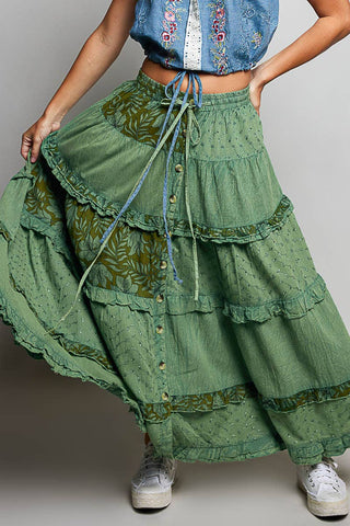 POL Clothing Boho Tie Waistband Patchwork Tiered Ruffle Maxi Skirt-Skirts-Pol Clothing-Stuffology - Where Vintage Meets Modern, A Boutique for Real Women in Crosbyton, TX