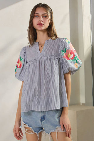 Navy Yarn Dye Striped Fabric Top-Blouse-Oddi-Stuffology - Where Vintage Meets Modern, A Boutique for Real Women in Crosbyton, TX