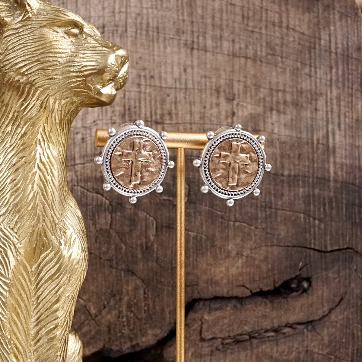 Divine Duo – Two-Tone Cross Coin Stud Earrings-Earrings-PennyLine inc-Stuffology - Where Vintage Meets Modern, A Boutique for Real Women in Crosbyton, TX