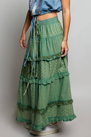 POL Clothing Boho Tie Waistband Patchwork Tiered Ruffle Maxi Skirt-Skirts-Pol Clothing-Stuffology - Where Vintage Meets Modern, A Boutique for Real Women in Crosbyton, TX
