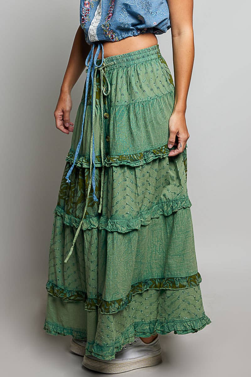 POL Clothing Boho Tie Waistband Patchwork Tiered Ruffle Maxi Skirt-Skirts-Pol Clothing-Stuffology - Where Vintage Meets Modern, A Boutique for Real Women in Crosbyton, TX
