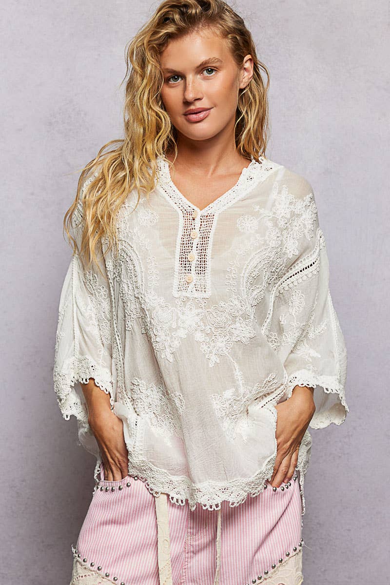 POL Clothing V-neck Short Sleeve Floral Embroidered Crochet Blouse Top-Crochet Top-Pol Clothing-Stuffology - Where Vintage Meets Modern, A Boutique for Real Women in Crosbyton, TX