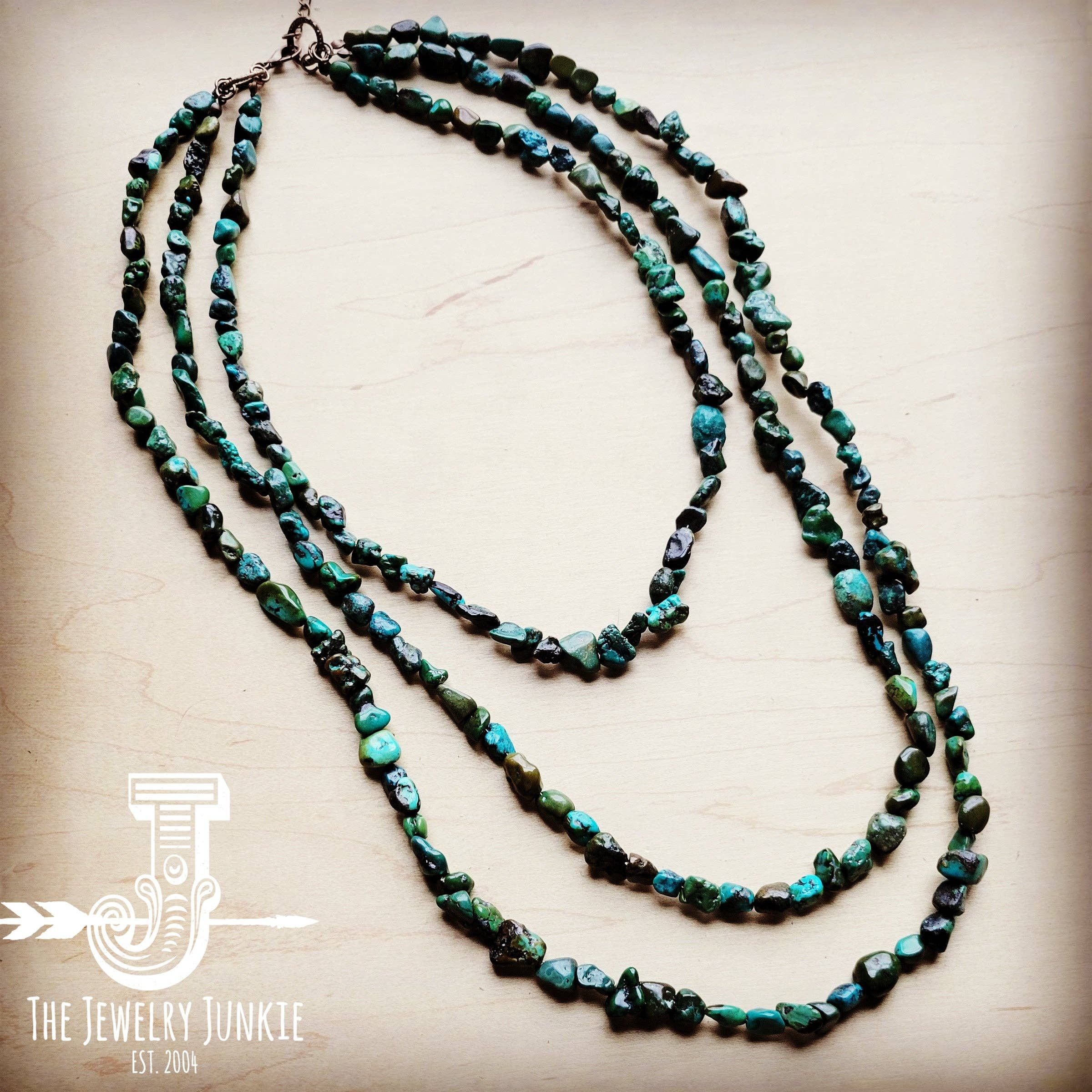 Long Genuine Natural Turquoise Triple Strand Necklace/Stuffology Boutique-Necklaces-The Jewelry Junkie-Stuffology - Where Vintage Meets Modern, A Boutique for Real Women in Crosbyton, TX