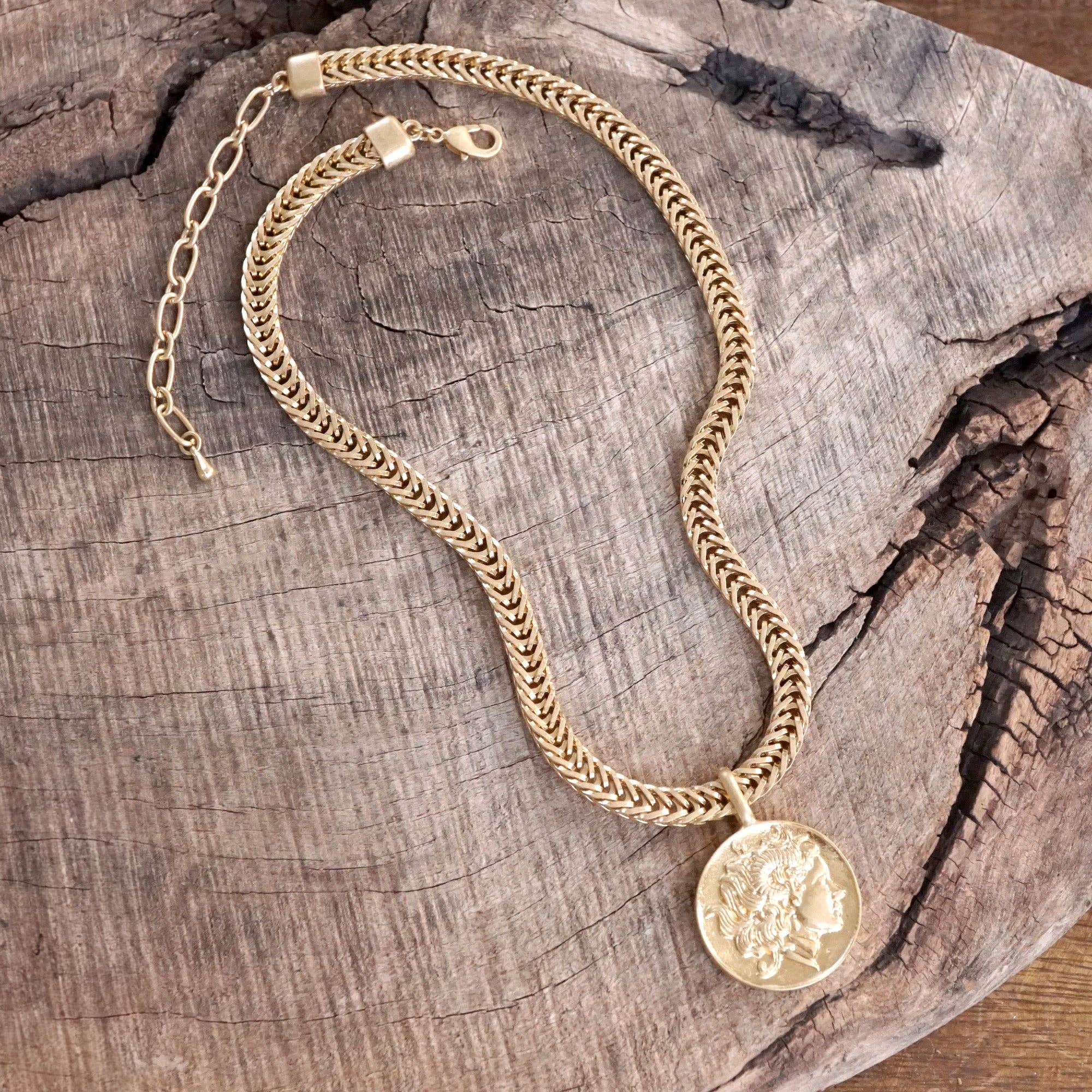 Coin Statement Chain Necklace in Worn Gold Tone-Necklaces-PennyLine inc-Stuffology - Where Vintage Meets Modern, A Boutique for Real Women in Crosbyton, TX