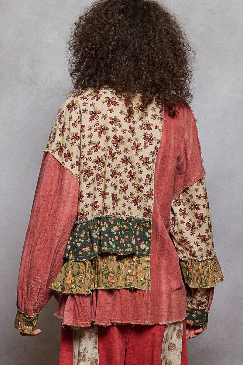 POL Clothing - Long sleeve double gauze patchwork shirred ruffle shirts-Pol Clothing-Stuffology - Where Vintage Meets Modern, A Boutique for Real Women in Crosbyton, TX