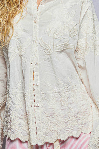 Embroidered Scalloped Edge Button Up Blouse-Top-Pol Clothing-Stuffology - Where Vintage Meets Modern, A Boutique for Real Women in Crosbyton, TX