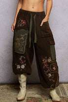 POL Clothing Double gauze floral embroidery accents patch detail pants-pants-Pol Clothing-Stuffology - Where Vintage Meets Modern, A Boutique for Real Women in Crosbyton, TX
