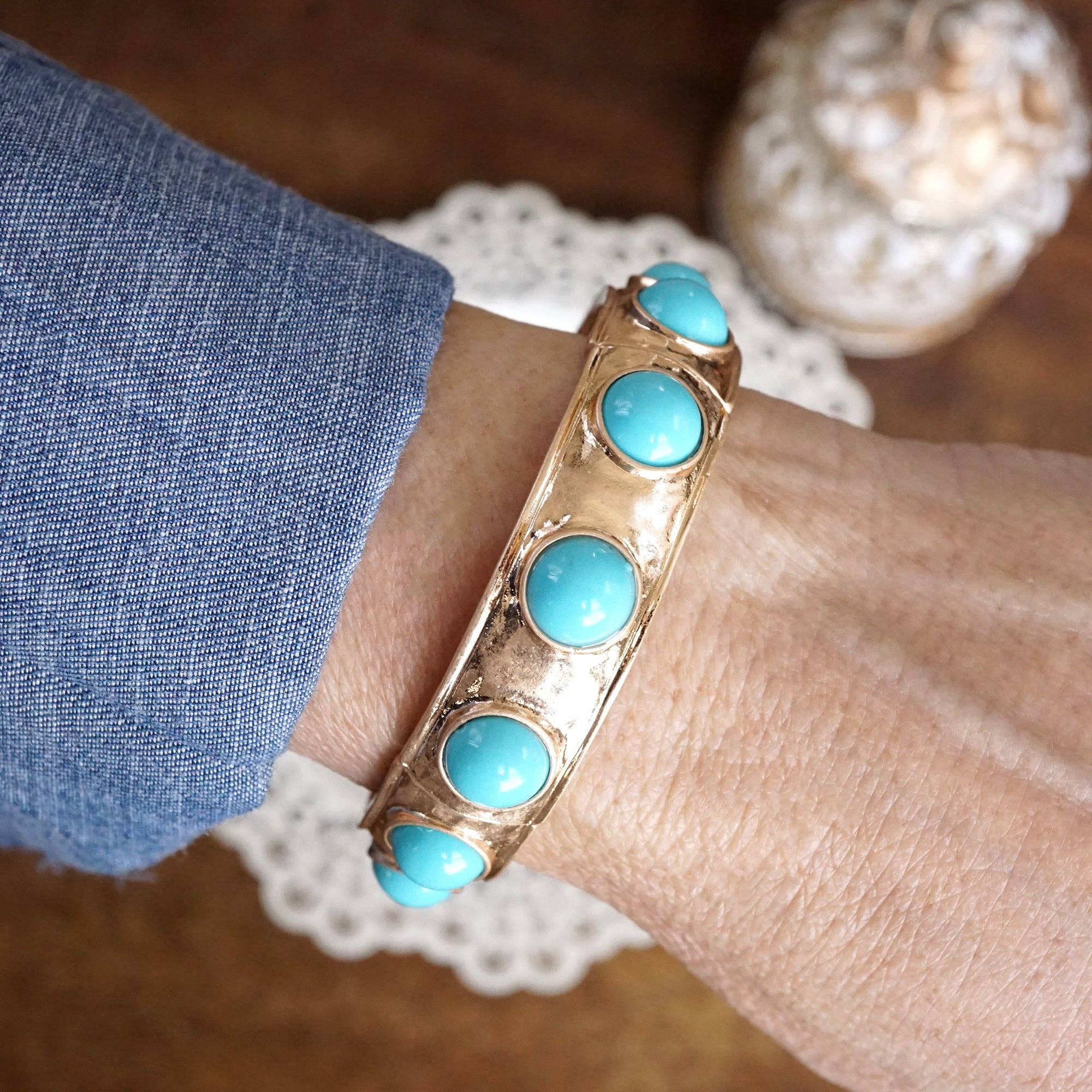 Eternity Statement Bangle Gold Tone Turquoise-Bracelets-PennyLine inc-Stuffology - Where Vintage Meets Modern, A Boutique for Real Women in Crosbyton, TX