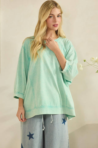 AQUA MINERAL WASH OVERSIZE PUFF-SLEEVE PULLOVER TEE-TOP-Sage + Fig-Stuffology - Where Vintage Meets Modern, A Boutique for Real Women in Crosbyton, TX